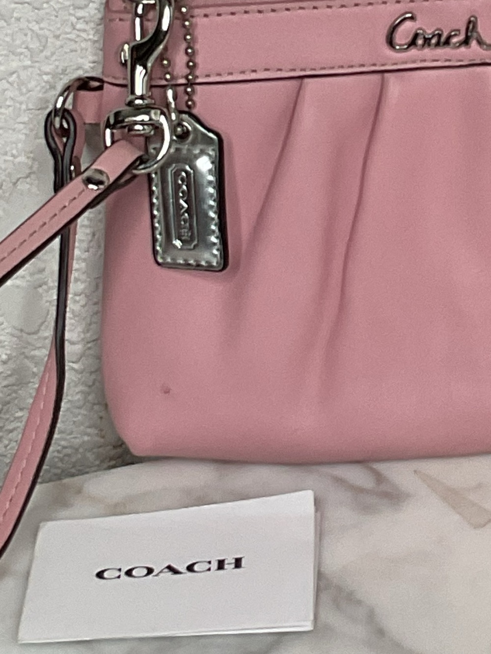 Coach Pink soft Leather Wristlet with metallic silver spell out charm,EUC - Picture 3 of 11